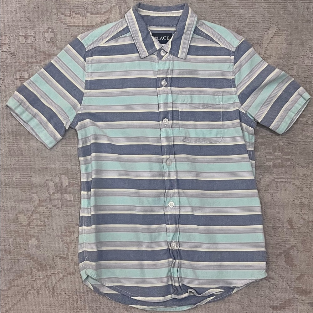 Boy’s Blue and White Striped Button Up Collared Shirt, Size M 7/8, EUC